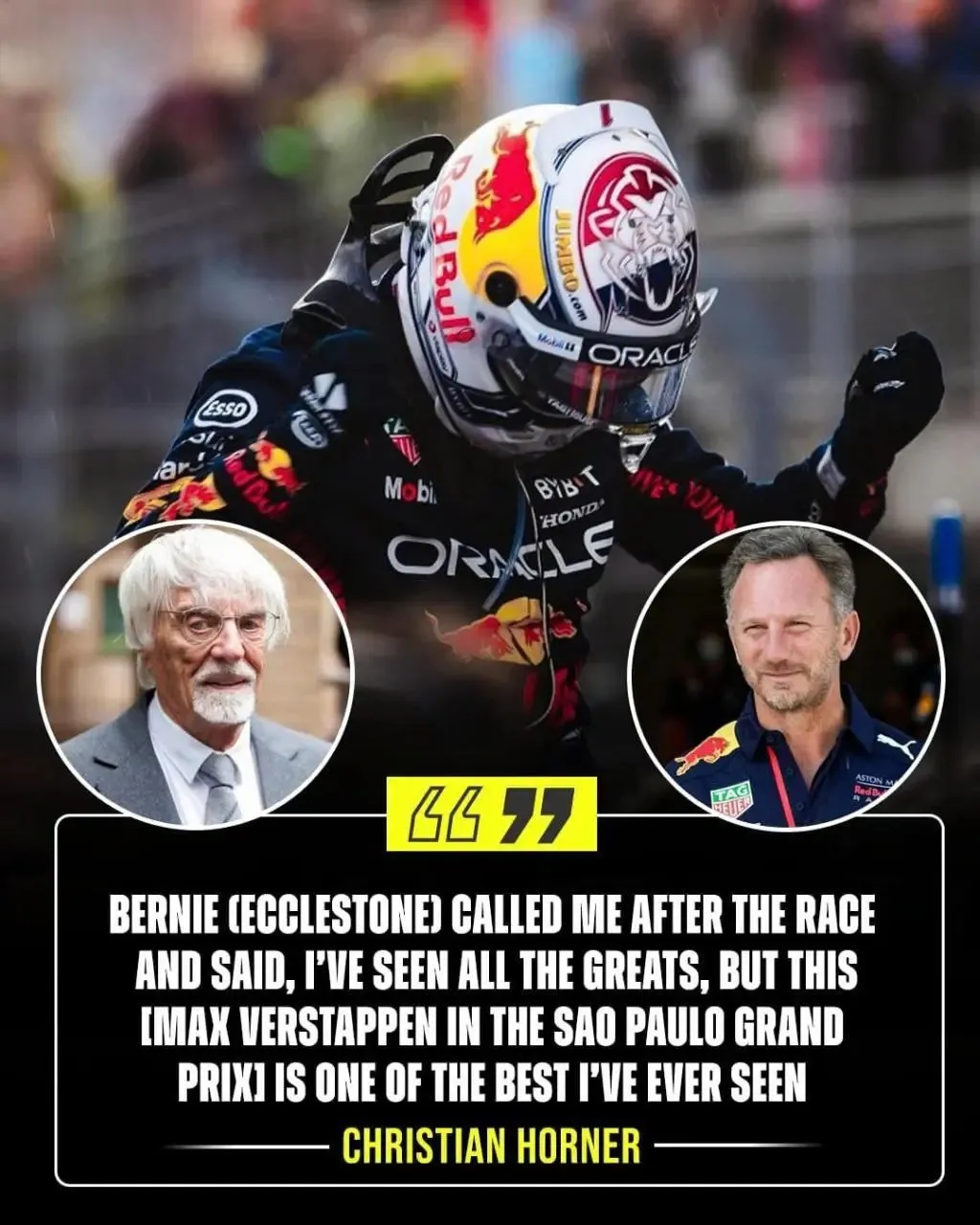 Cover Image for ⛔ Christian Horner revela que el ex supremo de la F1, Bernie Ecclestone, lo llamó por la estelar victoria de Max Verstappen en el GP de Brasil.