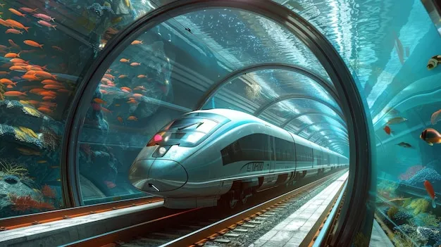 Futuristic underwater railway with bullet train in crystal clear tunnel  surrounded by vibrant fish | Premium AI-generated image