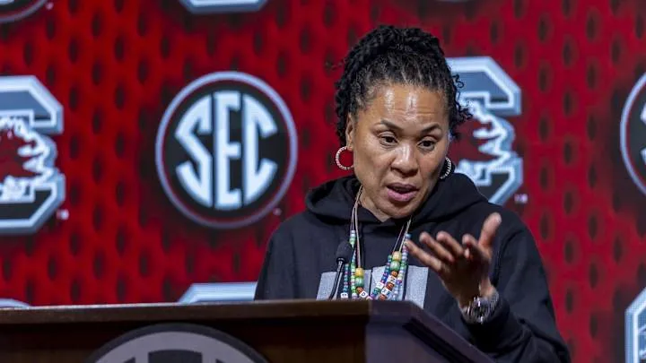 Oct 16, 2024; Birmingham, AL, USA; South Carolina Gamecocks head coach Dawn Staley talks with the media during SEC Media Days at Grand Bohemian Hotel. Mandatory Credit: Vasha Hunt-Imagn Images